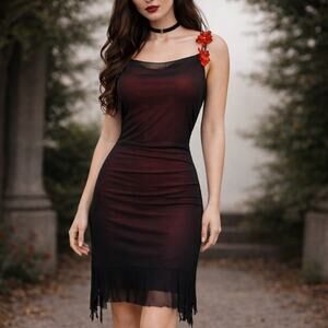 Ruby Rox VTG SZ S (4) Goth Black & Red Body Con Dress Floral Details At Strap